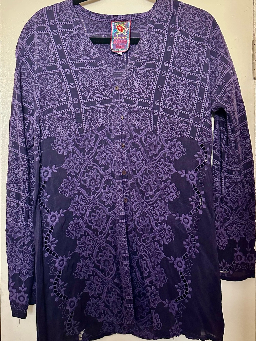 Johnny Was Purple Embroidered Boho Lace Eyelet Tunic Blouse Top Size XS